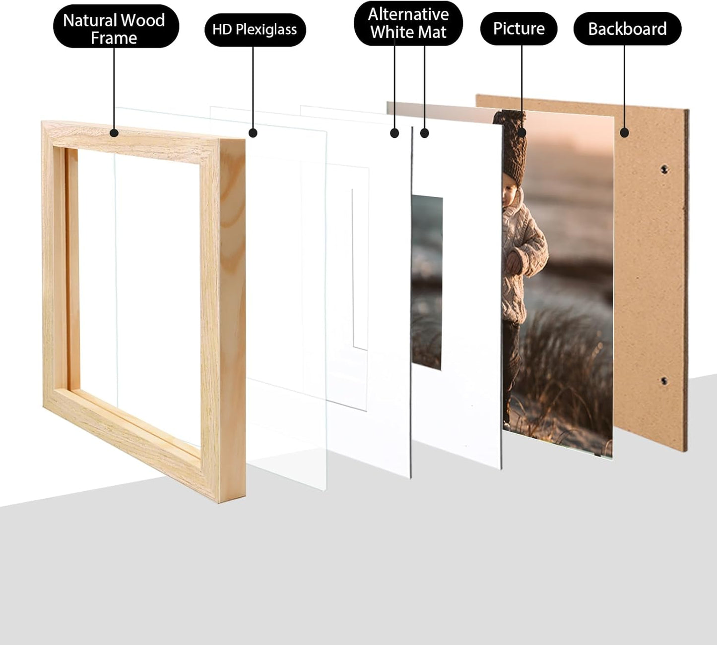 KINLINK 8x8 Picture Frame, Natural Square Solid Wood Frames for Pictures 4x4 and 6x6 with Mat or 8x8 without Mat, Wall and Tabletop Display Photo Frames Natural Wood 4 Pack