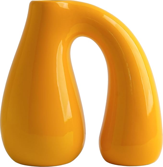 Yellow Ceramic Decorative Pitcher Vase, 7.5 in – Glossy Sculptural Arch-Handle, Modern Home Décor Accent for Fresh or Dried Floral Arrangements, Table/Shelf/Entryway, Giftable