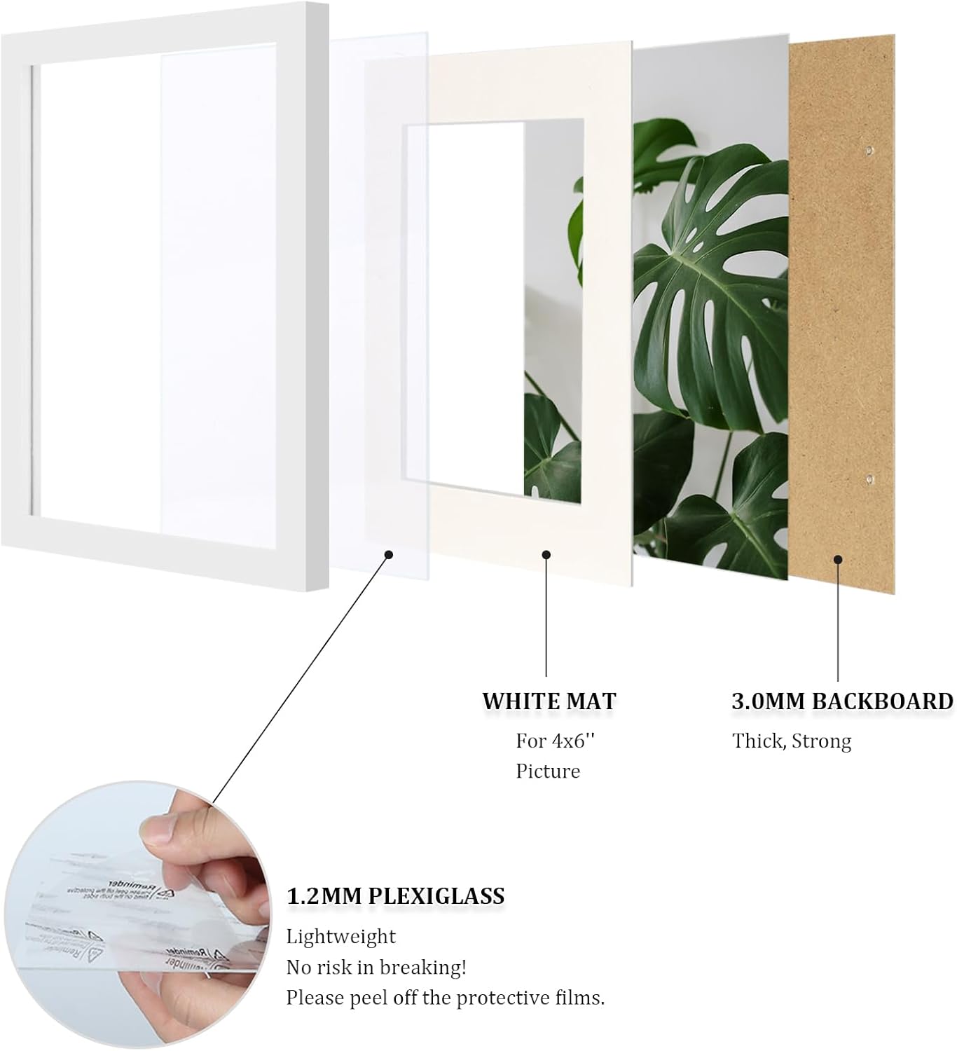 Egofine 6x8 Picture Frames Set of 4, Made of Solid Wood Covered by Plexiglass 4x6 and 5x7 with Mat or 6x8 whitout Mat, for Table Top Display and Wall Mounting Photo Frame White