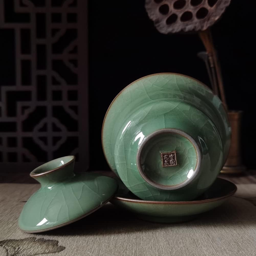 Gaiwan Kung Fu Teacups with Lid 5-Ounce Teacup and Saucer Set Glazed Crack Porcelain Chinese Celadon(Army Green Crack)