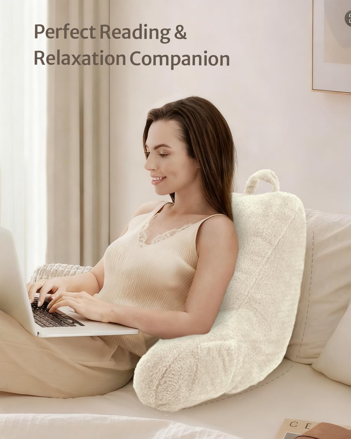 Blissful Diary Plush Velvet Reading Pillow for Kids/Teens/Adults, Back Rest Pillow for Sitting Up in Bed with Shredded Memory Foam, Includes Arms and Washable Cover, Off White