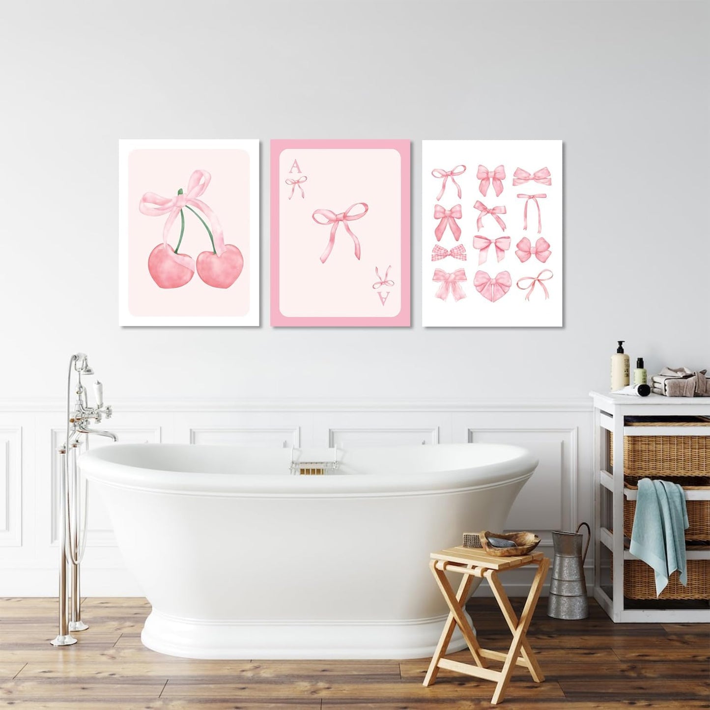 Julaydi Pink Preppy Wall Art Set of 3 Framed Trendy Bow Posters Pastel Bows Cherry Canvas Prints Cute Girly Aesthetic Home Decor Watercolor Ribbon Painting Picture for Girls Bedroom Living Room16X24in