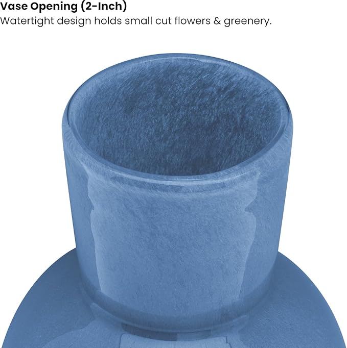 Torre & Tagus 6" Mouth Blown Art Glass Vase for Flowers - Opaque Blue Small Table Vase & Handmade Small Blue Accent for Coastal Home Decor, Neutral Bud Vases as Decorative Shelf Decor or Wedding