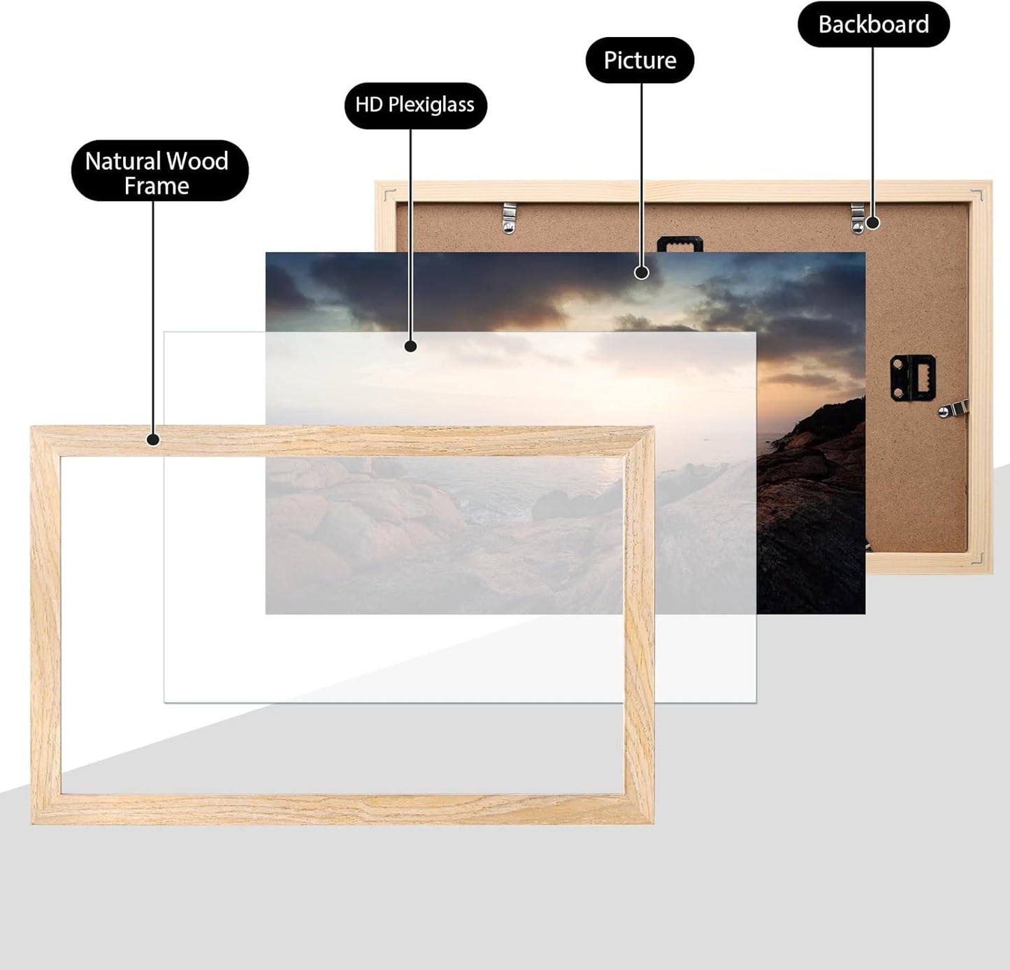 KINLINK 8.5x14 Picture Frame Natural, Solid Wood Frames with Acrylic Plexiglass, Tabletop and Wall Display Photo Frame, Set of 4