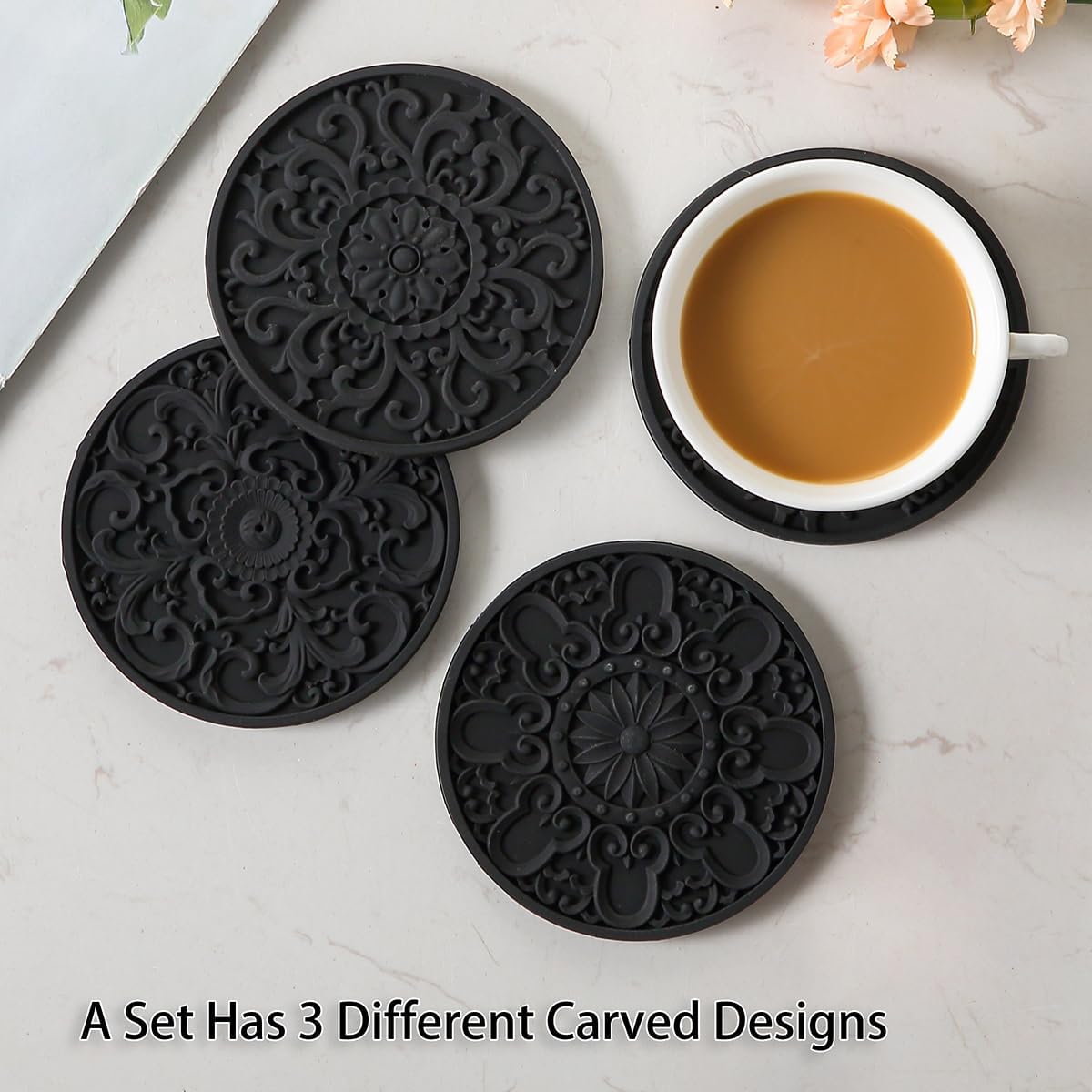 Colinda Silicone Coasters - Set of 6 with Holder, Non-Slip Cup Mats for Hot and Cold Drinks, Decorative Designs, Gift Ready Packaging,Black