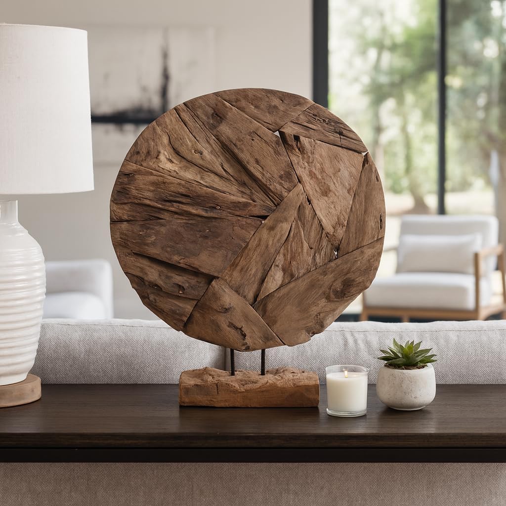 Decorative Home and Office Sculpture – Artistic Round Wooden Accent Perfect for Living Room, Bathroom, and Coffee Table Decor – Unique Rustic Home Statue and Ornament for Shelf Display – 24" Brown