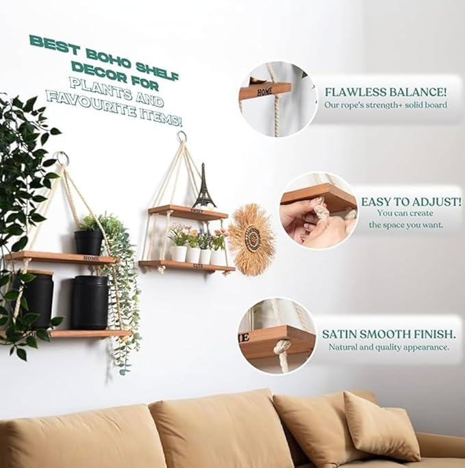 Hanging Shelves for Wall - Boho Room Decor Aesthetic - Hanging Plant Shelf Decor - Floating Shelves for Room Wall - Rope Shelves for Bedroom Aesthetic, Boho Decor Wall Hanging Shelves for Living Room