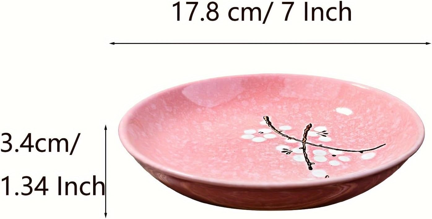 Japanese Ceramic Dinner Plates 7 Inch Pink Plates Set of 4, Cherry Blossom