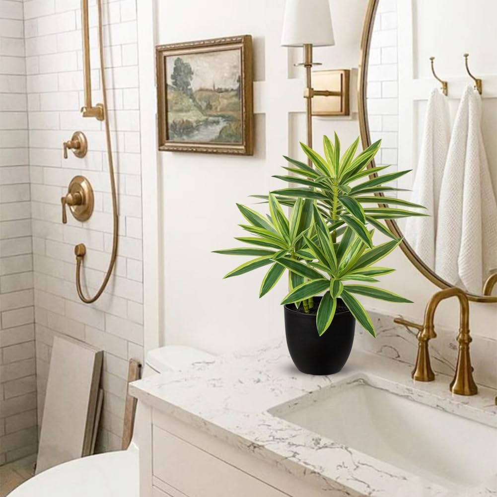 Faux Plants Dracaena Artificial Plant Realistic Green and Yellow 16.1" Fake Plants in Pot Small Indoor Plants Fake Potted Plants Artificial Decor for Home Living Room Bathroom Office House Table