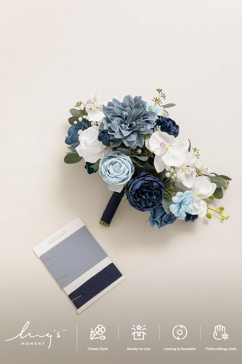 Ling's moment Navy Blue Bridal Bouquet, 13 Inch Wedding Bouquets for Bride, Silk Free Form Bridal Bouquets for Wedding, Ceremony, Anniversary, etc.