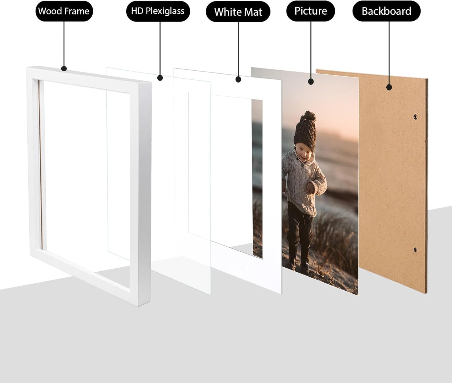 KINLINK 12x12 Picture Frame, White Square Solid Wood Frames for Pictures 8x8 with Mat or 12x12 without Mat, Wall Display Photo Frames White 4 Pack