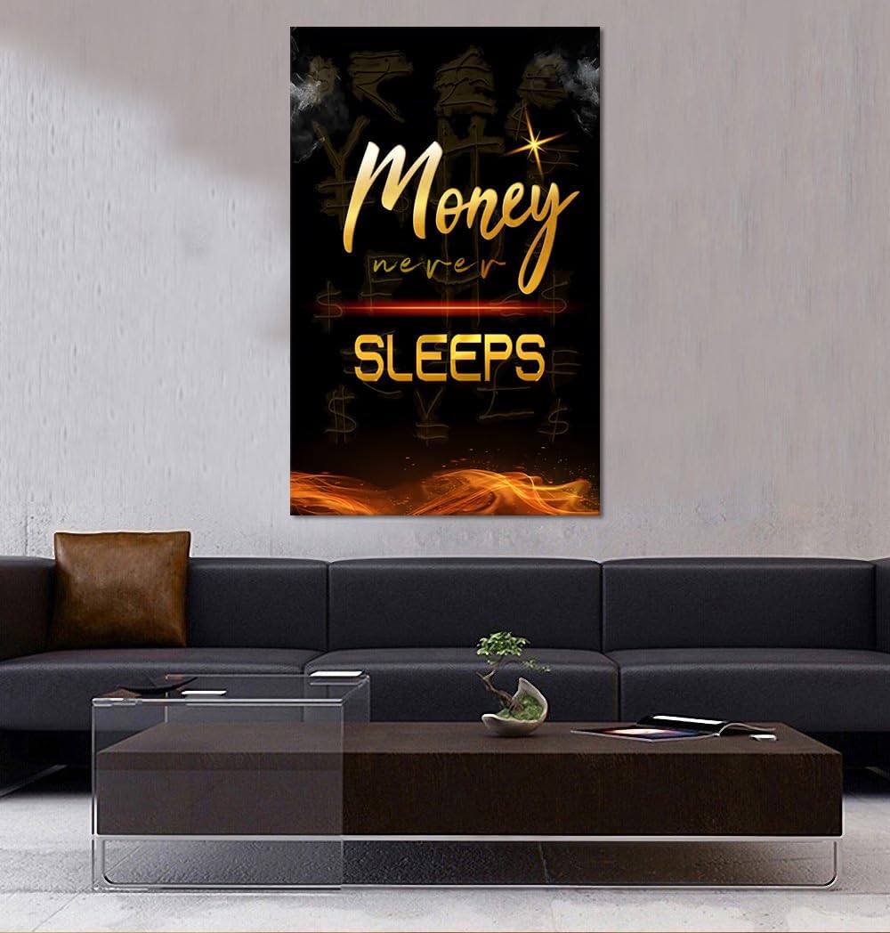 Large Size Money Never Sleeps Motivational Framed Wall Art Canvas Paintings Black and White Golden Artwork Stretched and Framed Easy to Hang-28x44 inch