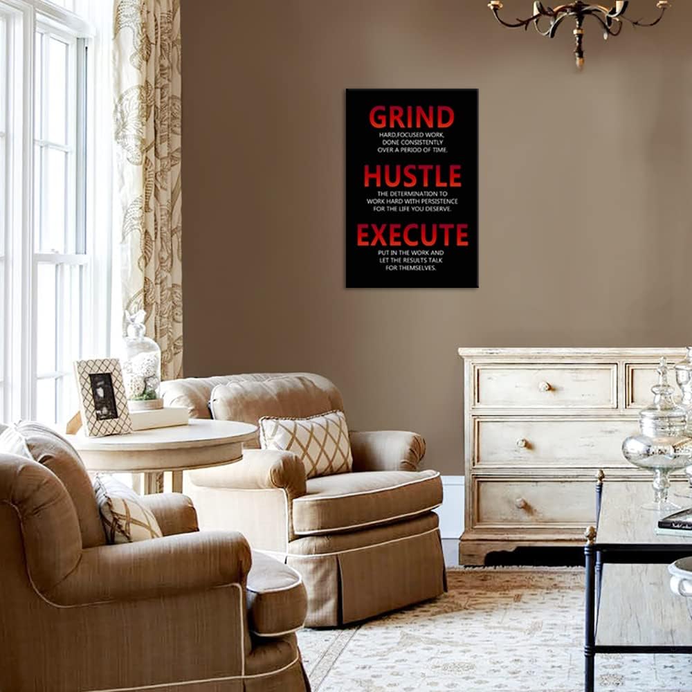 Inspirational Wall Art Motivational Posters Grind Hustle Execute Painting Prints Canvas Picture Inspirational Positive Affirmation Artwork Office Wall Decor Framed Ready to Hang[24''W x 36''H]