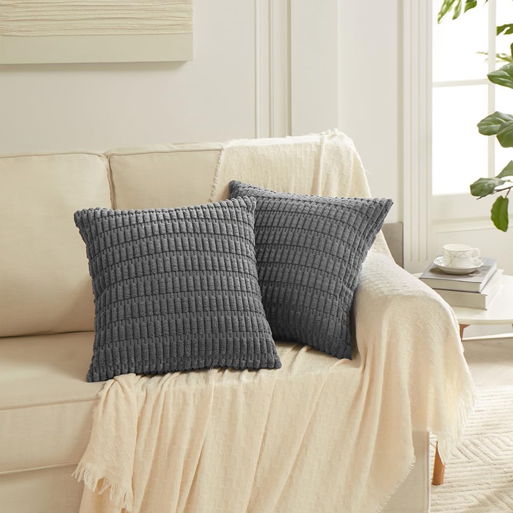 Fancy Homi 4 Packs Dark Grey Decorative Throw Pillow Covers 26x26 Inch for Couch Bed, Rustic Modern Farmhouse Boho Home Decor, Soft Plush Corduroy Gray Cute Square Accent Cushion Case 66x66 cm