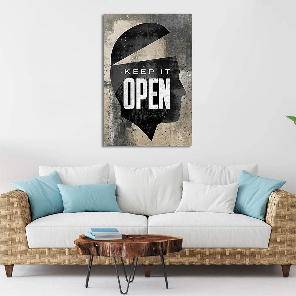 Inspirational Posters for Office with Inspiring Sayings Keep It Open Abstract Men Head Portrait Vintage Modern Home Decor Artwork for Living Room Bedroom Decor HD Print Ready to Hang-24"Wx36"H