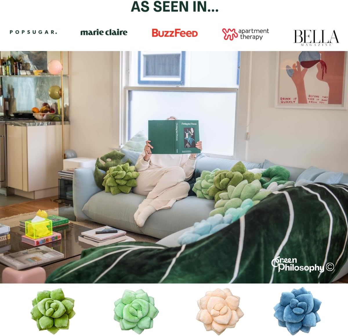 Green Philosophy Co. Succulent® Pillow 16" – Soft 3D Decorative Flower Throw Pillow, Unique Olive Green Plush Flower Cushion, Perfect for Couch, Sofa, Bedroom Decor, Gift for Plant Lovers