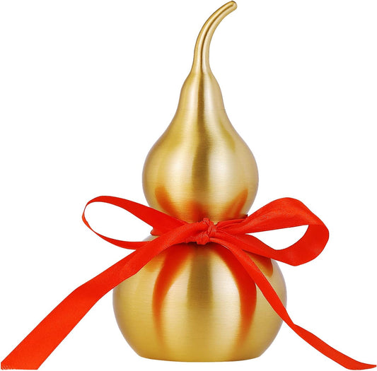 Feng Shui Wu Lou Brass Gourd with Red Luck Strip for Charm Prosperity Home Furnishing Decor, 7.87inch Tall, Full Brass, Fortune Protection, Bring Good Luck, Safty, Healthy, Success