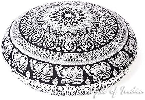 Eyes of India - Mandala Floor Pillow Cover Meditation Cushion Seating Throw Hippie Round Colorful Decorative Bohemian Indian Pouf Ottoman Handmade Cover ONLY (B1 White Black, 32" x 32")
