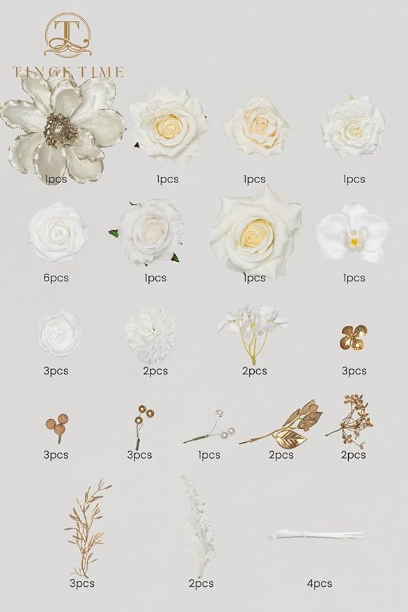 TINGE TIME Roses Artificial Flowers White Faux Flowers Bulk for DIY Bridal Wedding Bouquets Baby Shower Centerpiece Table Home Decorations（Brilliant White）