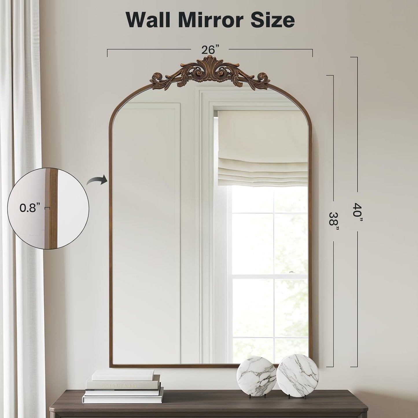 Filigree Arched Wall Mirror 26"x38" Retro Wall-Mounted Mirror with Vintage Ornate Carved Applique Hanging Leaning Antique Home Decor Mirror for Fireplace Living Room Entryway Hallway Bathroom, Bronze