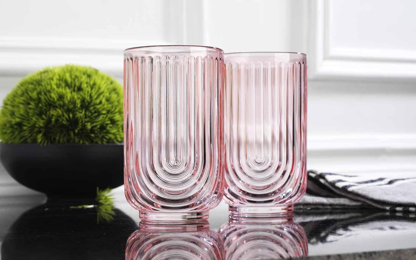 Glaver's Vintage Glassware Art Deco Glasse Ribbed Drinking Glasses U-Shape Arch Design Colored Cocktail Kitchen Tumblers Everyday Dinner Decorative Party (Pink S/4 17oz)