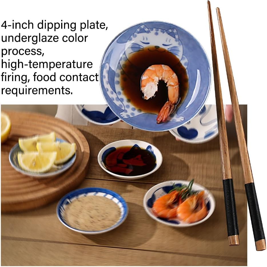 Cute Cat Soy Sauce Plate Set of 4, Japanese Ceramic Cat Bowls - Small 4 Inches Set for Appetizer, Dessert, Sushi - Serving Dish Set of 4