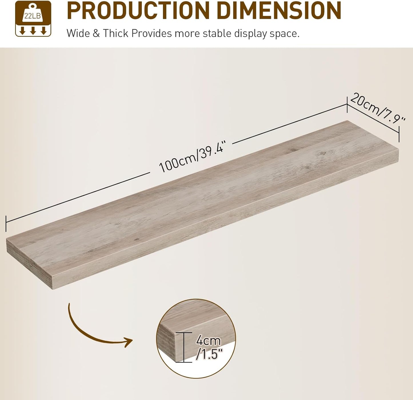 Floating Shelves for Wall, 1.5" Thick Wall Shelf Set of 3 with Invisible Brackets, L39.4 x W7.9 Hanging Book Shelves Farmhouse Home Decor for Bathroom, Living Room, Bedroom, Greige 10301BJP3BG