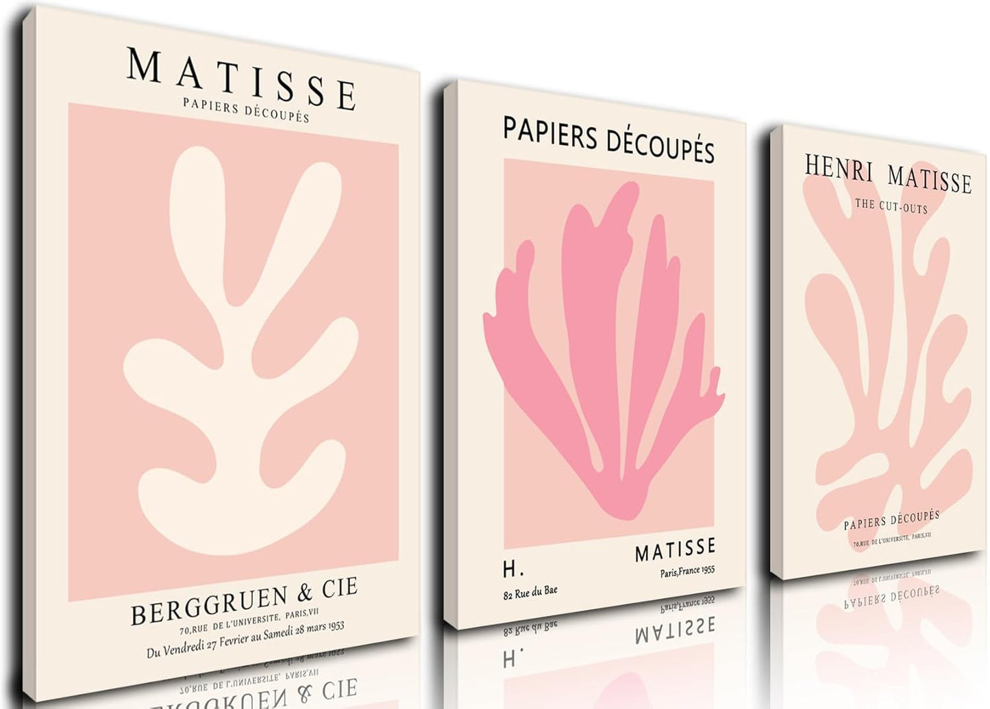 Julaydi Pink Matisse Wall Art Framed Abstract leaf Posters Pastel Henri Matisse Canvas Prints Modern Minimalist Wall Decor Aesthetic Painting Pictures for Living Room Bedroom Bathroom 12x16in Set of 3