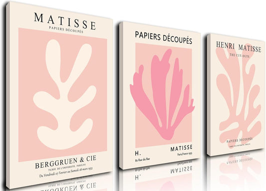 Julaydi Pink Matisse Wall Art Framed Abstract leaf Posters Pastel Henri Matisse Canvas Prints Modern Minimalist Wall Decor Aesthetic Painting Pictures for Living Room Bedroom Bathroom 12x16in Set of 3
