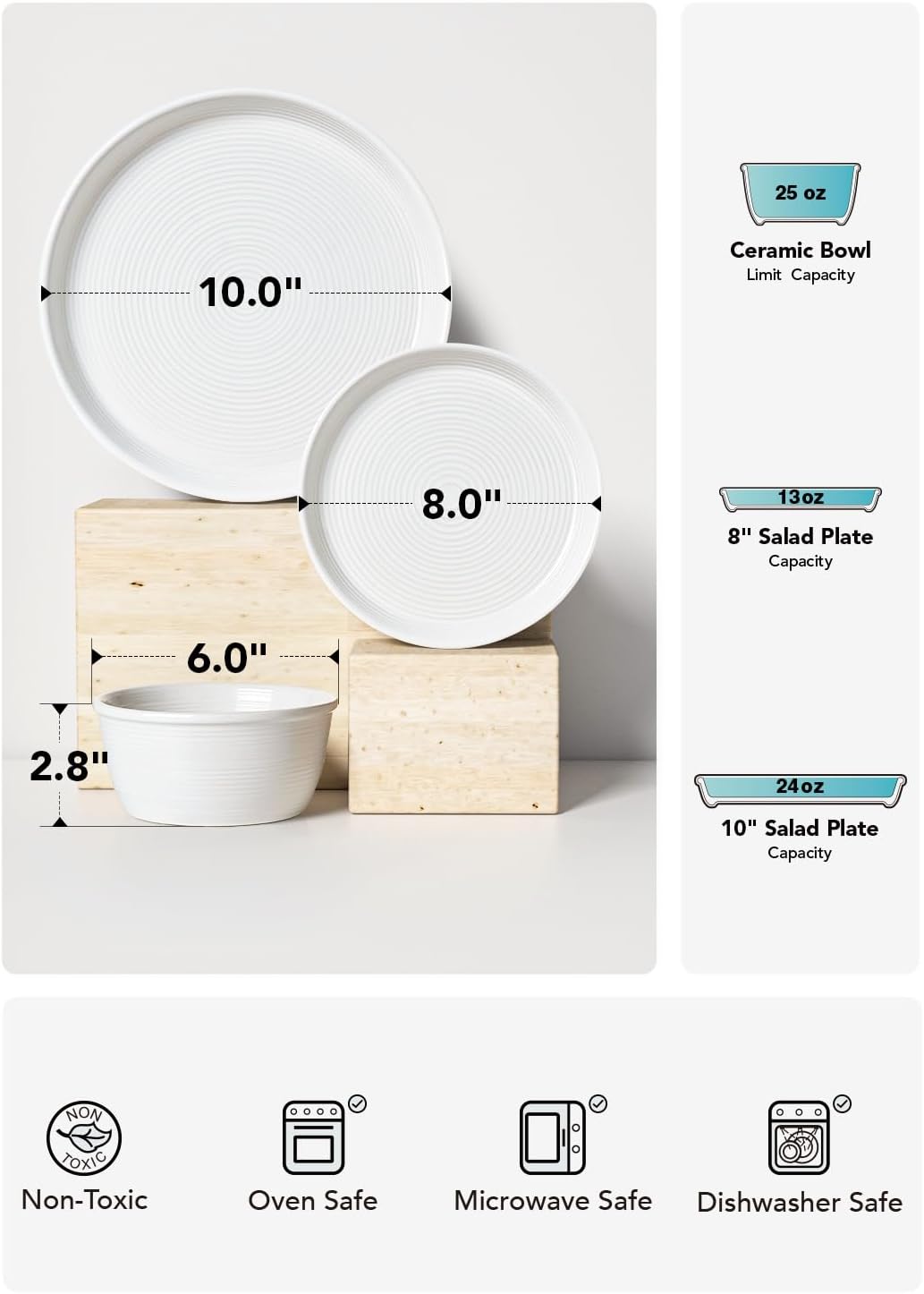 LE TAUCI 12‑Piece Ceramic Plates and Bowls Set, Service for 4 – White Farmhouse Dinnerware Sets with Deeper Plates (10" Dinner, 8" Salad, 6" Bowls), Dishwasher & Microwave Safe Stoneware Dishes