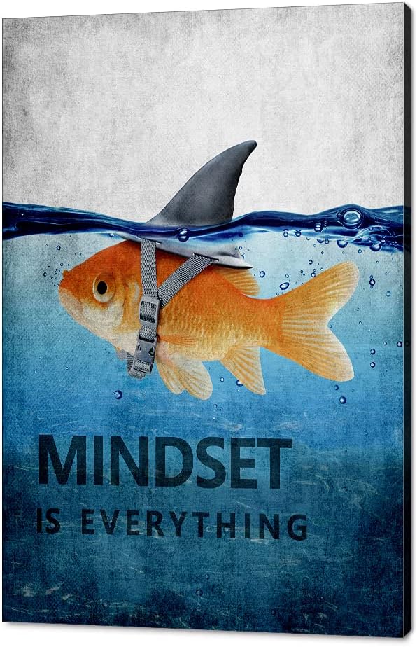 Inspiration Office Canvas Wall Art Posters Goldfish Pictures Big Shark Canvas Painting Mindset is Everything Print Poster Artwork Wooden Home Decor for Guest Room Bar Framed Ready to Hang-24¡±Wx36¡±H