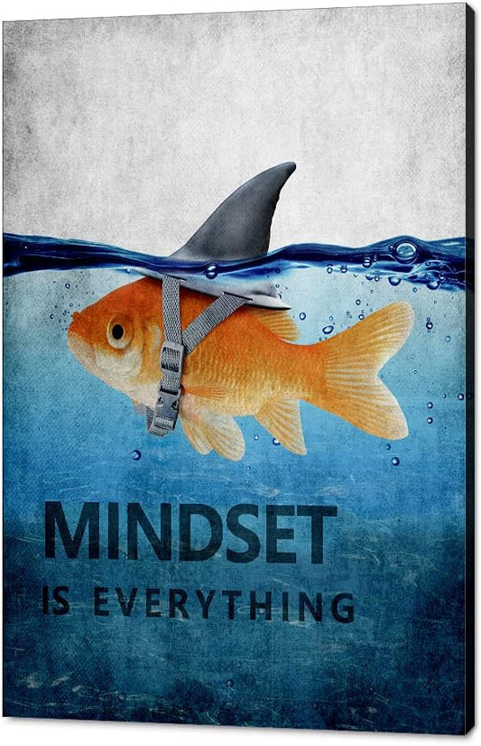 Inspiration Office Canvas Wall Art Posters Goldfish Pictures Big Shark Canvas Painting Mindset is Everything Print Poster Artwork Wooden Home Decor for Guest Room Bar Framed Ready to Hang-24¡±Wx36¡±H