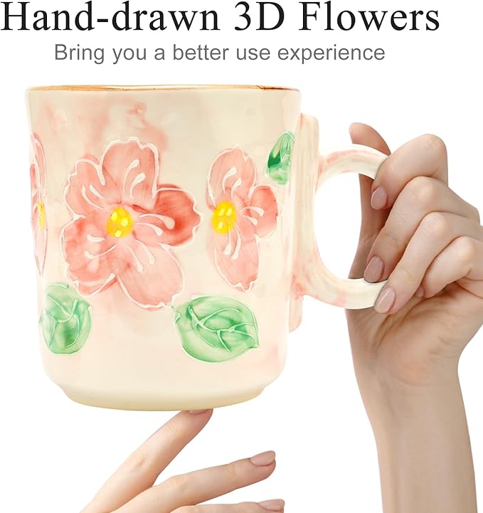 3D Cute Ceramic Coffee Mug Gifts for Women Her Grandma Mom Mugs Pretty Japanese Tea Cup Pink Porcelain Floral Mug Valentine Mothers Day Gift Ladies Female Christmas Gift Flower Teacup Lover Girly Mugs