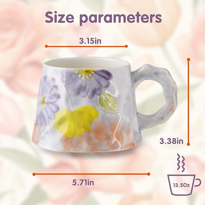 13oz ceramic mug, enlarged and thickened breakfast cup, suitable for spring, summer, autumn and winter, hand-painted cup, a personalized gift for girlfriend.