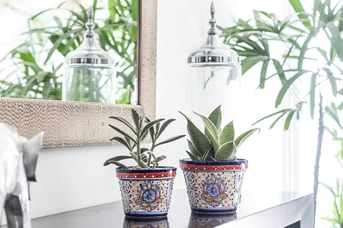 Fiesta Brands Talavera Mexican Pottery Planters Medium and Small Cobalt Talavera Succulent Planter Set of 2 (6 in Diam x 4.5 in Tall and 5 in Diam x 4 in Tall)