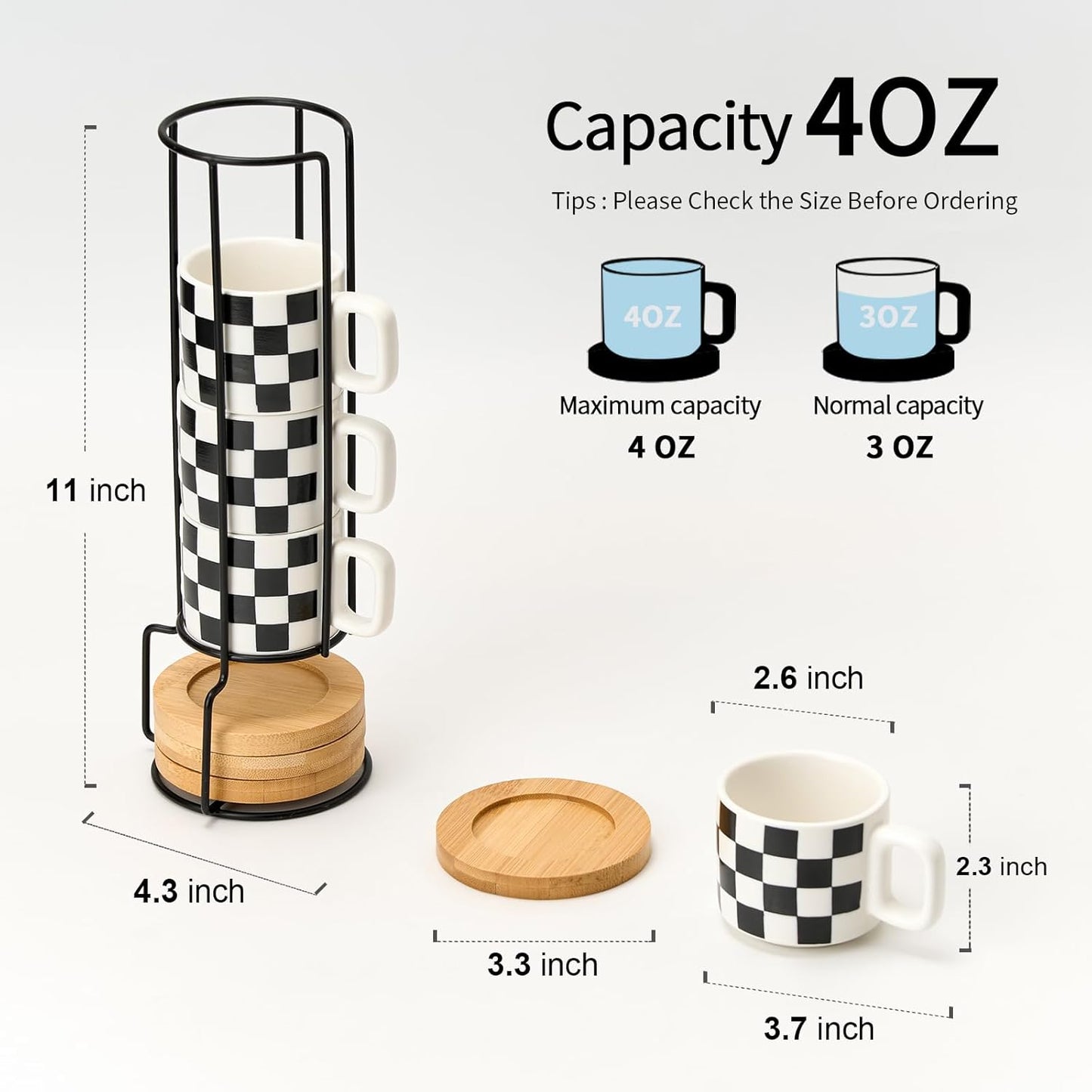 LUKA Porcelain Stackable Black and White Checkered Espresso Cups with Saucers and Metal Stand, 4 Ounce Small Ceramic Demitasse Cups Set for Coffee Drinks, Latte, Tea - Set of 4, White Interior