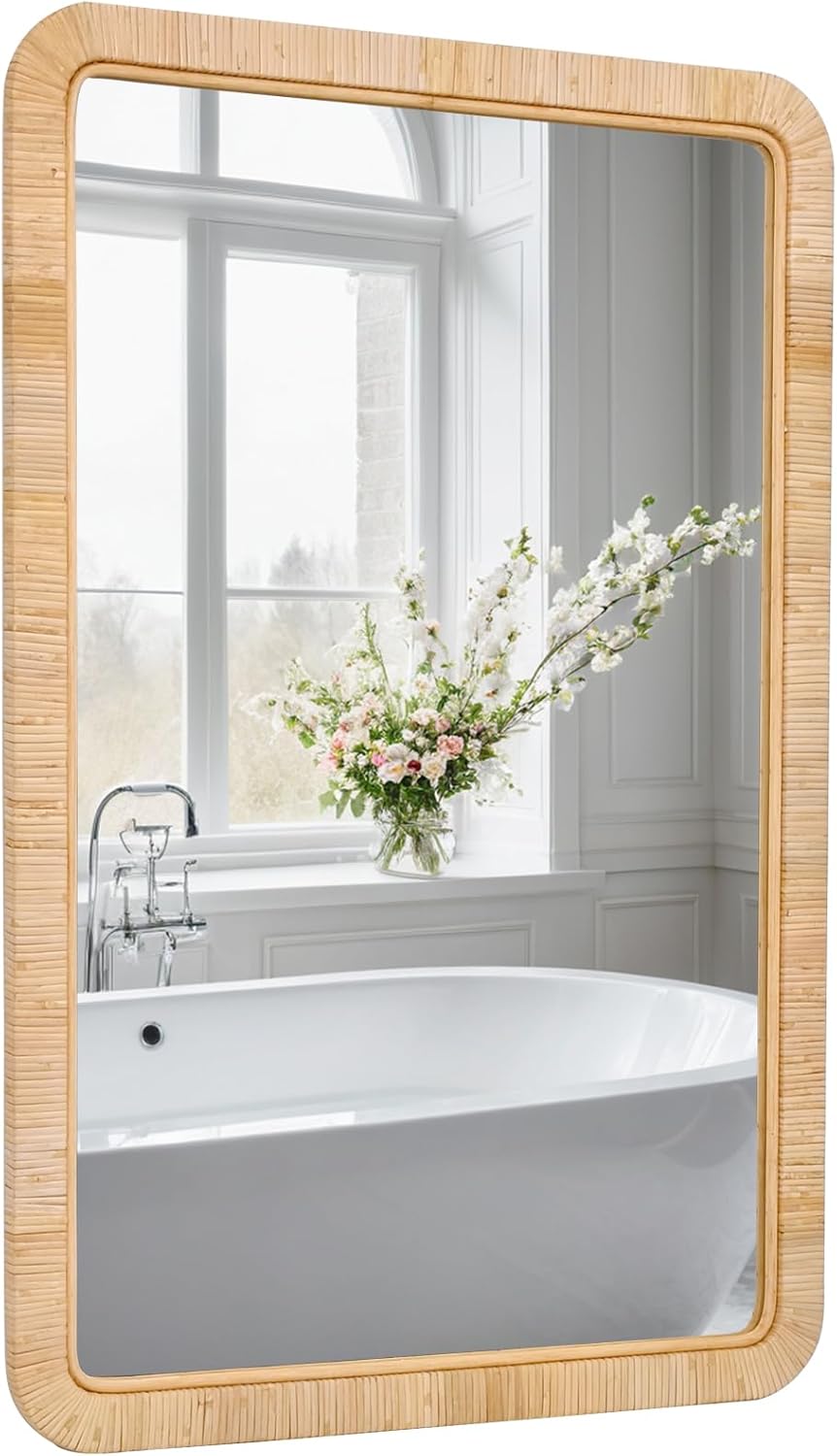 FUIN 24"x36" Rattan Wall Mirror, Natural Wicker Rectangle Bathroom Vanity Mirror, Hanging Boho Decorative Mirror for Farmhouse, Entryway, Bedroom, Living Room, Horizontal Vertical Mount