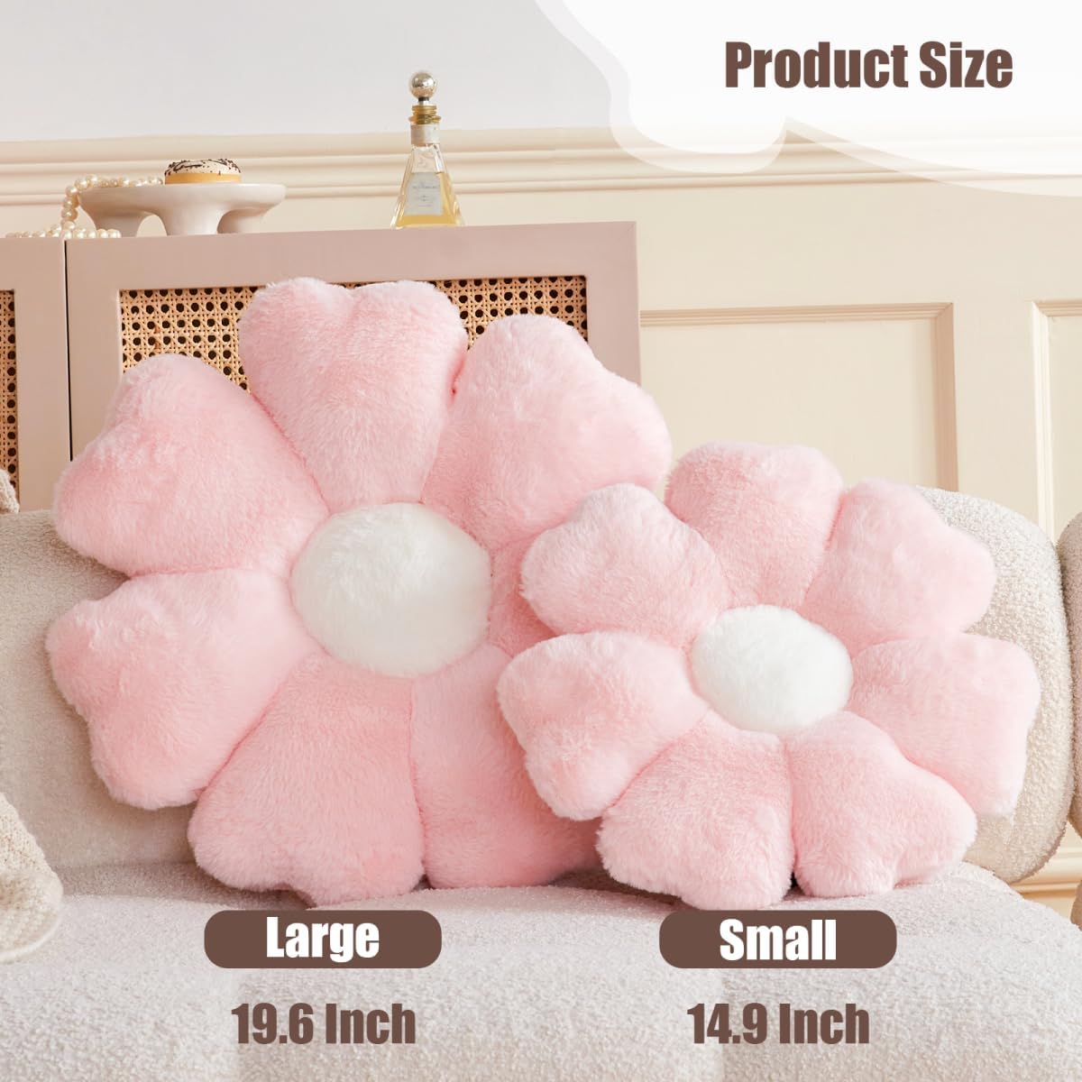 Flower Pillow, Pink Daisy Flower Decorative Pillows for Bed, Cute 19.6" Flower Shaped Pillow with Soft Faux Rabbit Fur Dorm Home Decor Floor Seating Cushion