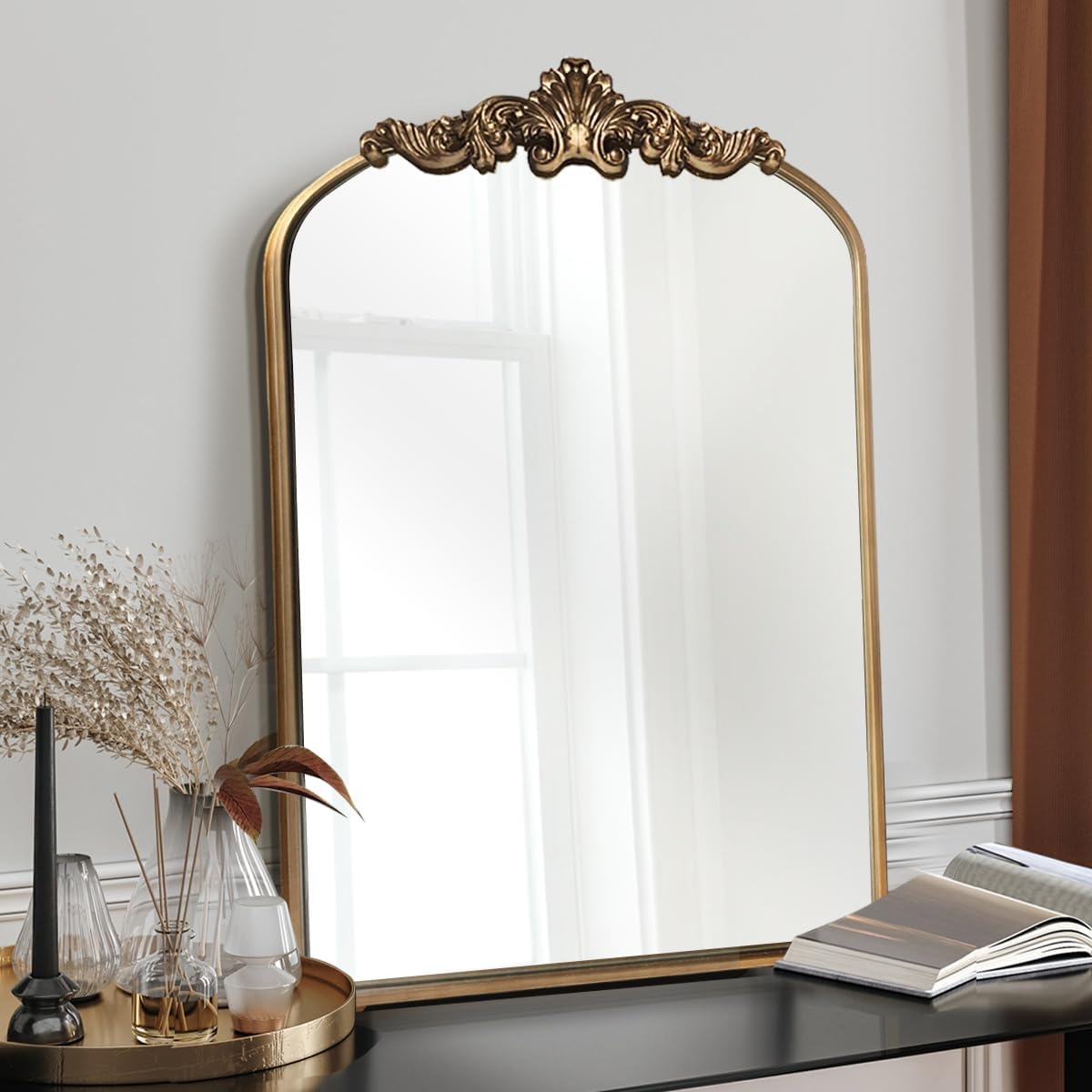 Gold Antique Mirror,24"X36" Arched Bathroom Mirror,Victorian Antique Bronze Mirrors with Full Matel Frame,Wall Arch Mirror for Entryway/Bathroom/Fireplace