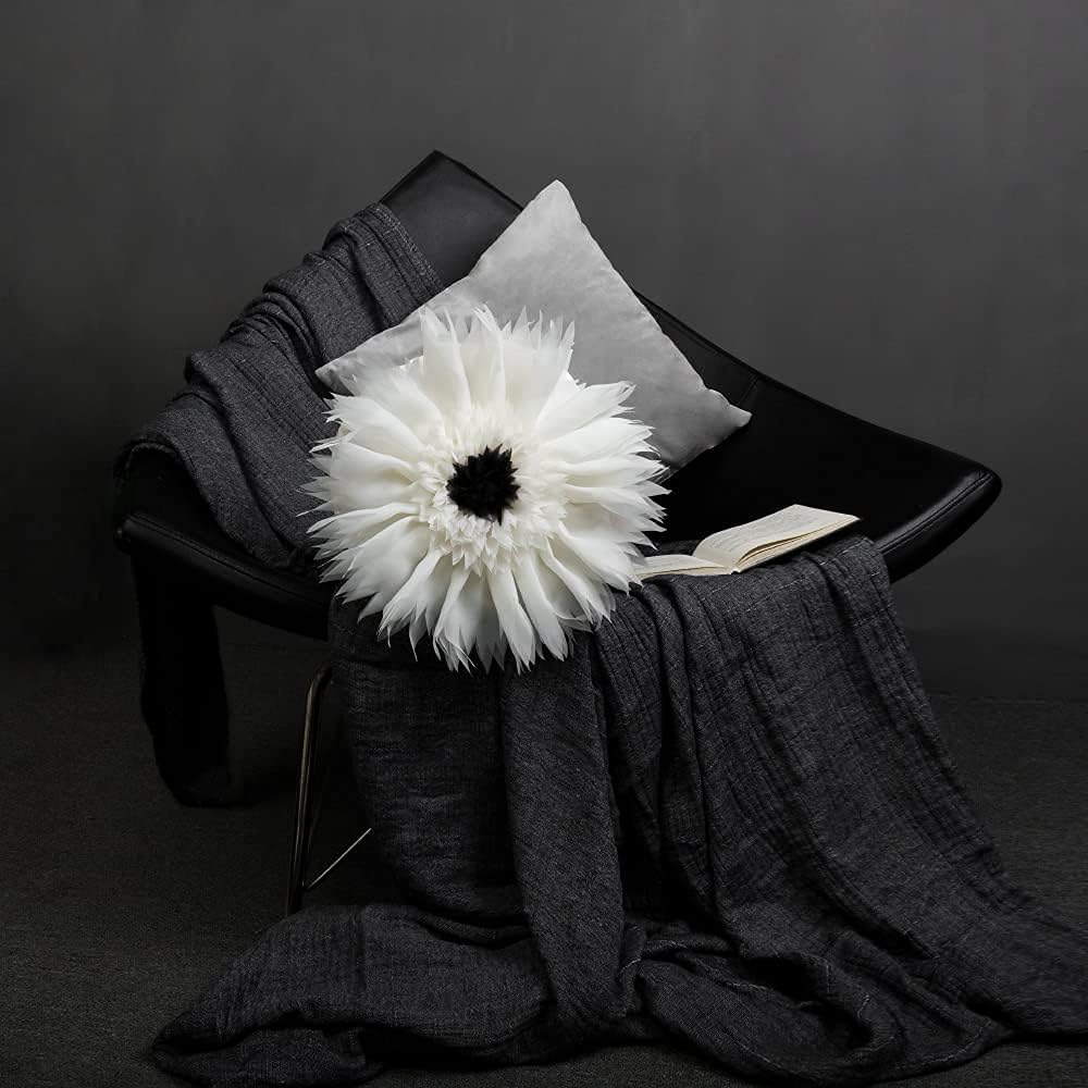 Handmade 3D Flower Round Throw Pillows with Inserts Included Decorative Daisy Accent Pillows Cute Soft Floral Velvet Cushion for Bed Couch Chair Bedroom Living Room Home Decor 12 Inch White
