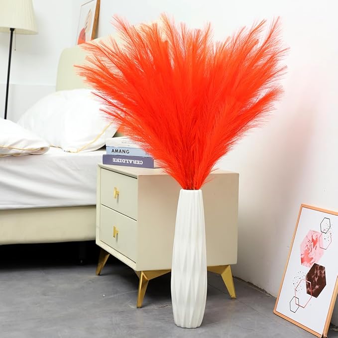 38" 10 Stems Orange Pampas Grass Decor - Tall Faux Pampas Grass for Floor Vase Fluffy Artificial Pampas Grass for Boho Home Wedding Mothers Day Decoration