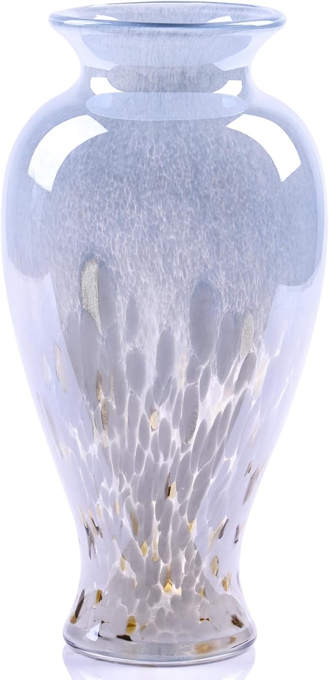 11.8" Tall Blown Blue Glass Vase, Colorful Opaque Glass Vase, Unique Design Wide Mouth Art Decoration for Home, Living Room, Dining Table, Pampas Grass Decor (Blue White)