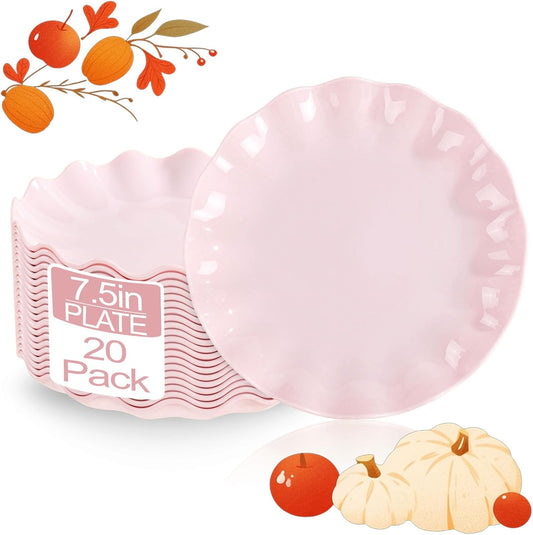 LIYH 20 Pcs 7.5 Inch Pink Scalloped Plastic Plates Reusable - Unbreakable Plastic Cake Dessert Plates for Weddings Party Outdoor Picnics Dishwasher Safe BPA Free (20Guests)