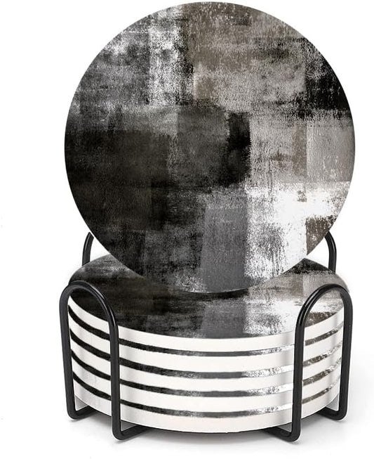 LOKMU Coasters for Drinks,Round Absorbent Ceramic Stone Coaster Sets of 6 with Metal Holder Stand,Black and Grey Abstract Art Coasters with Cork Base for Coffee Wooden Table,Housewarming Gifts