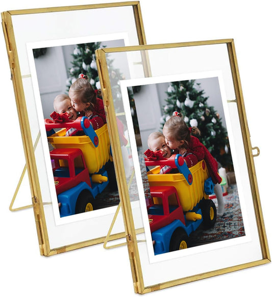 Gold Picture Frame - 4x6 Antique Brass Postcard Picture Frame for Desk - Small Pressed Glass Frame for Pressed Flowers - Floating Vertical… (Gold, 4x6 Vertical (2 pack))