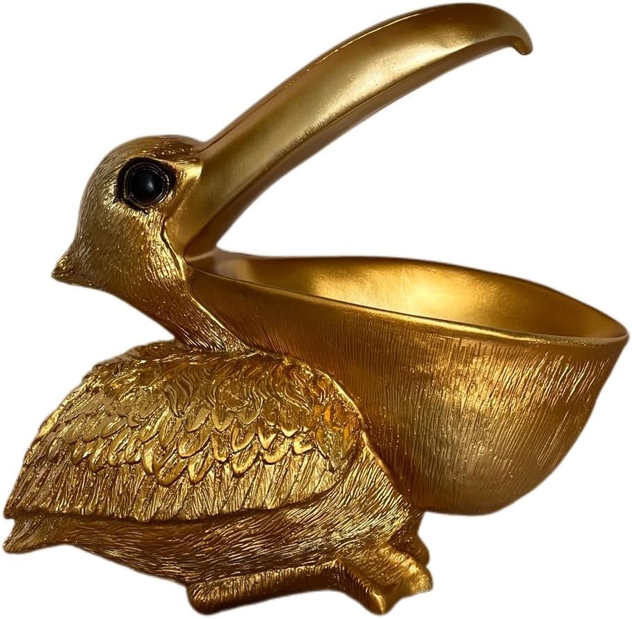 Creative Resin Statues The Pelican Statue Birds Figurines,Cell Phone and Keys Holder Adornments for Home & Office Desk Decor 8.1" inches (Gold)