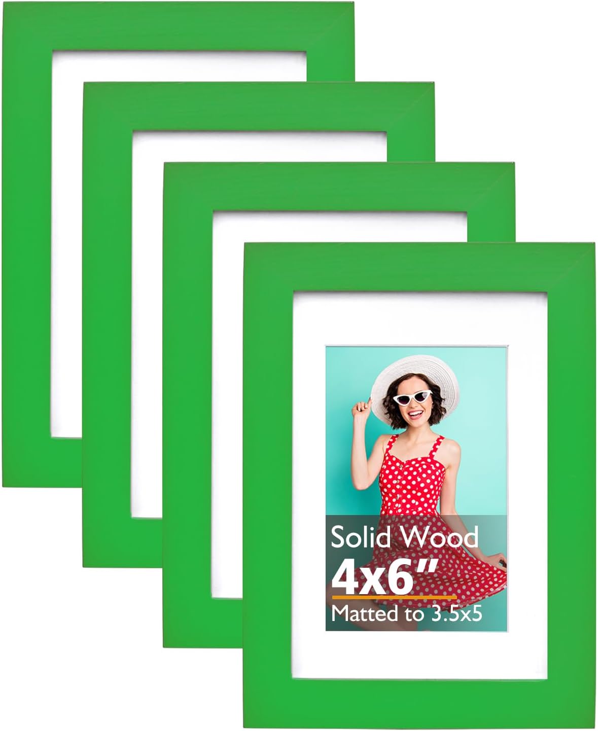 KINLINK 4x6 Frame Green Grass, Solid Wood 4 x 6 Picture Frame with Acrylic Plexiglass for 3.5x5 with Mat, Tabletop and Wall Display Photo Frames 4x6 Green Bright, 4 Pack