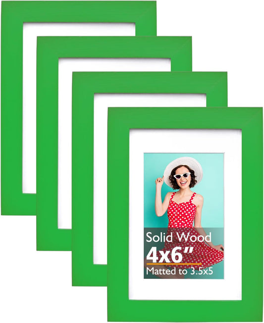 KINLINK 4x6 Frame Green Grass, Solid Wood 4 x 6 Picture Frame with Acrylic Plexiglass for 3.5x5 with Mat, Tabletop and Wall Display Photo Frames 4x6 Green Bright, 4 Pack