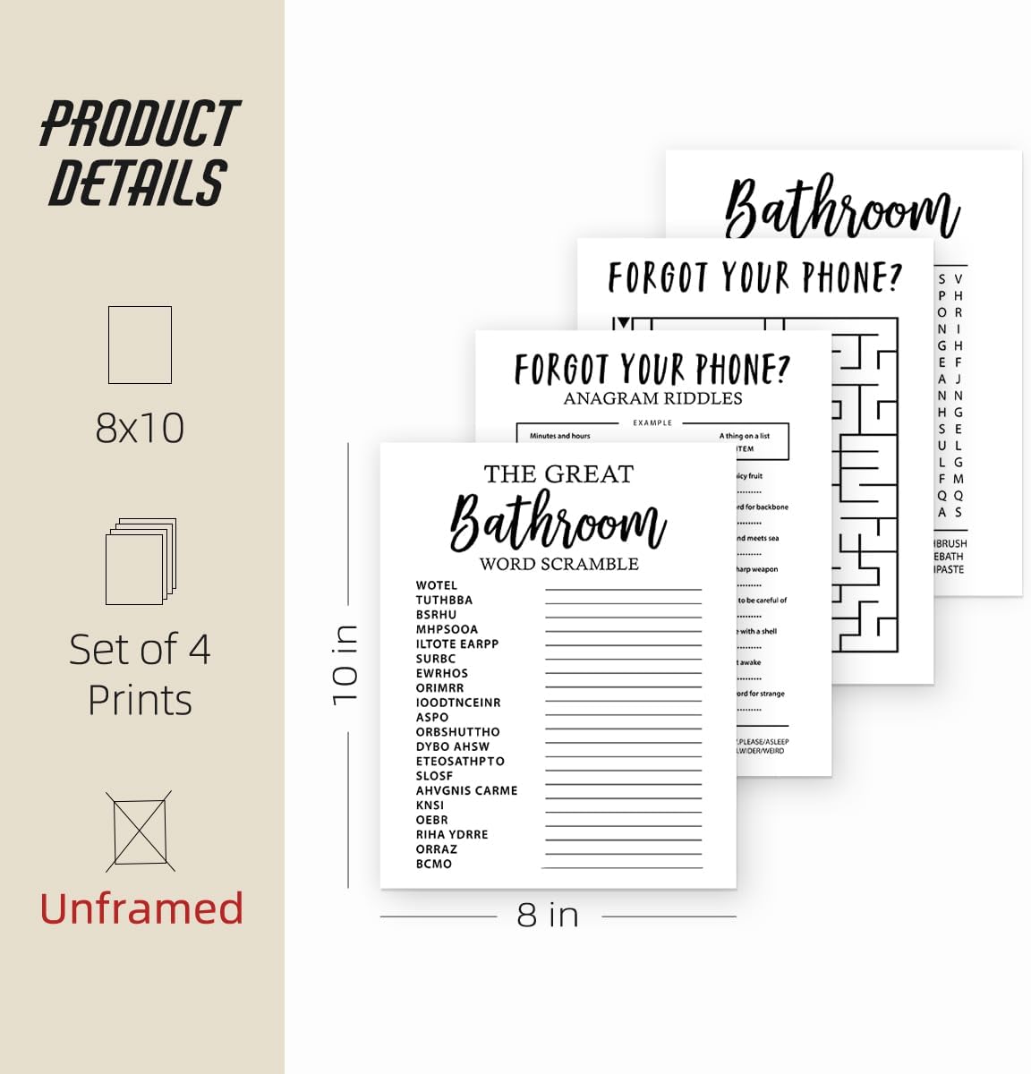 ETVISO Funny Bathroom Decor Wall Art Set of 4, Funny Crossword Puzzle Wall Art, Funny Forget Your Phone, Bathroom Word Search Wall Decor, 8x10 (Unframed)