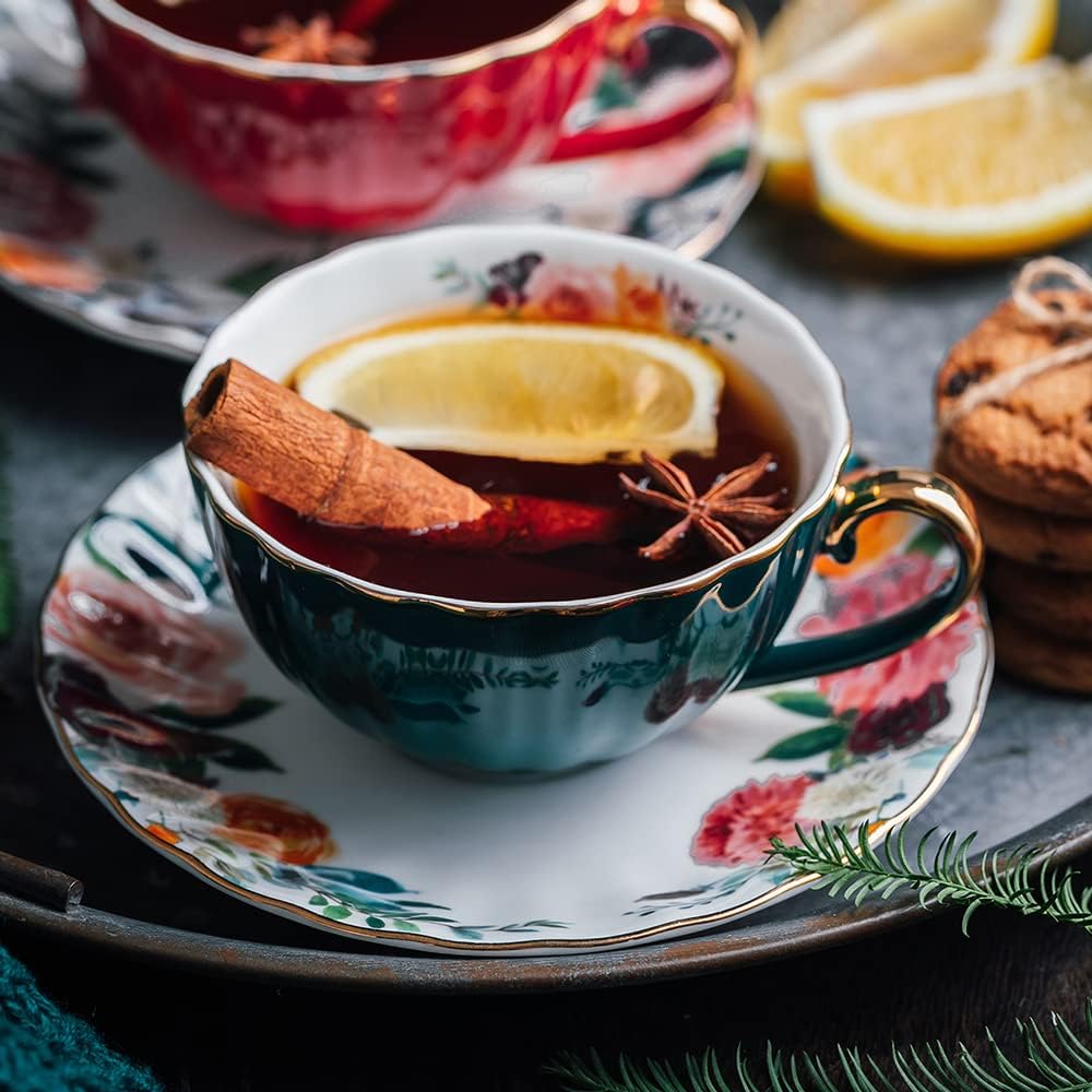 Green Tea Cup and Saucer,Porcelain Coffee Cup Royal Ceramic Floral Lined Design Teacup with Gold Trim and Spoon,8 oz Vintage China Mug Cup for Latte,Cappuccino,Tea Sets Birthday Gift